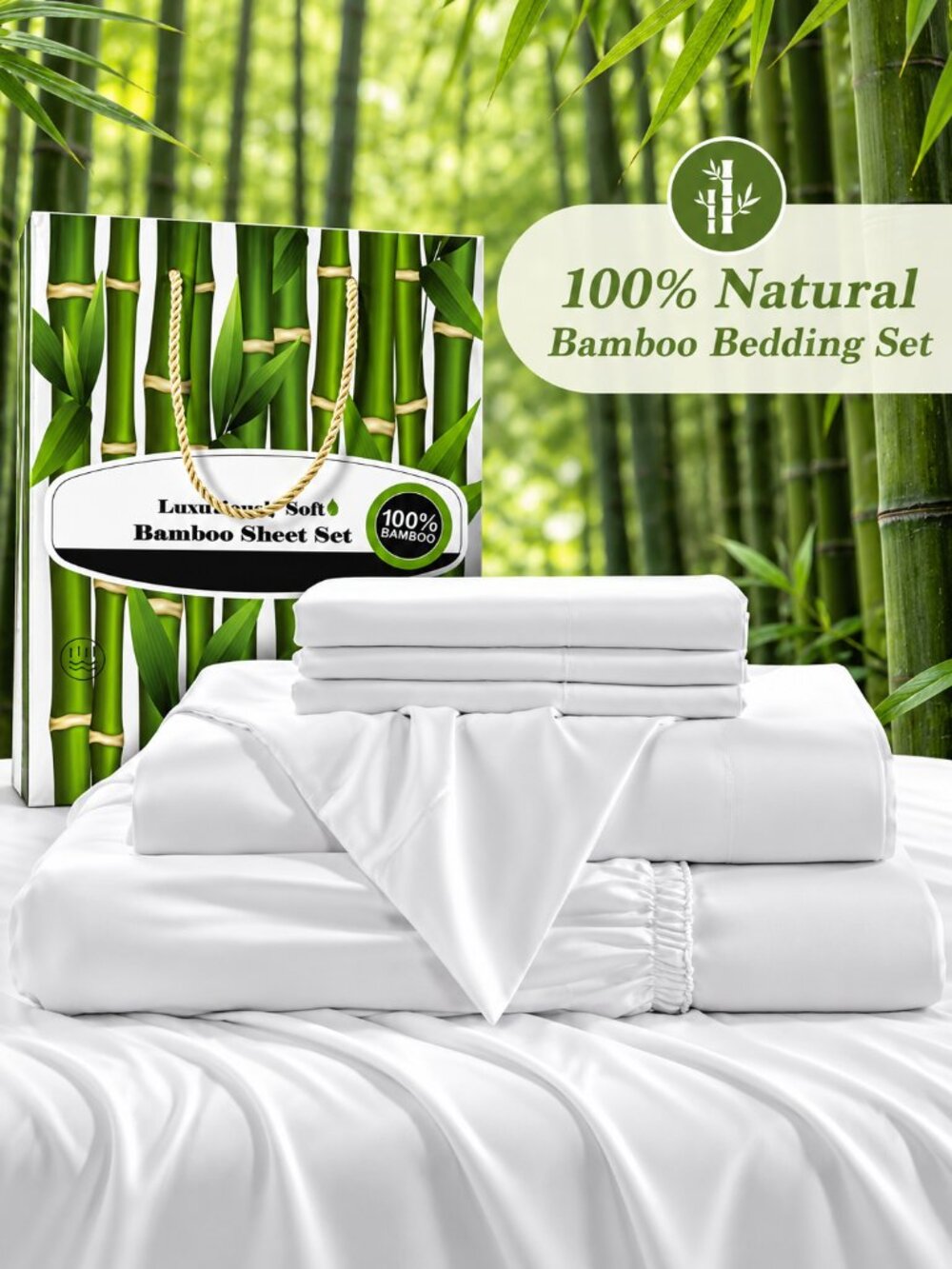 Shilucheng 100% Bamboo Rayon Queen Sheet Set White Cooling Deep Pocket New